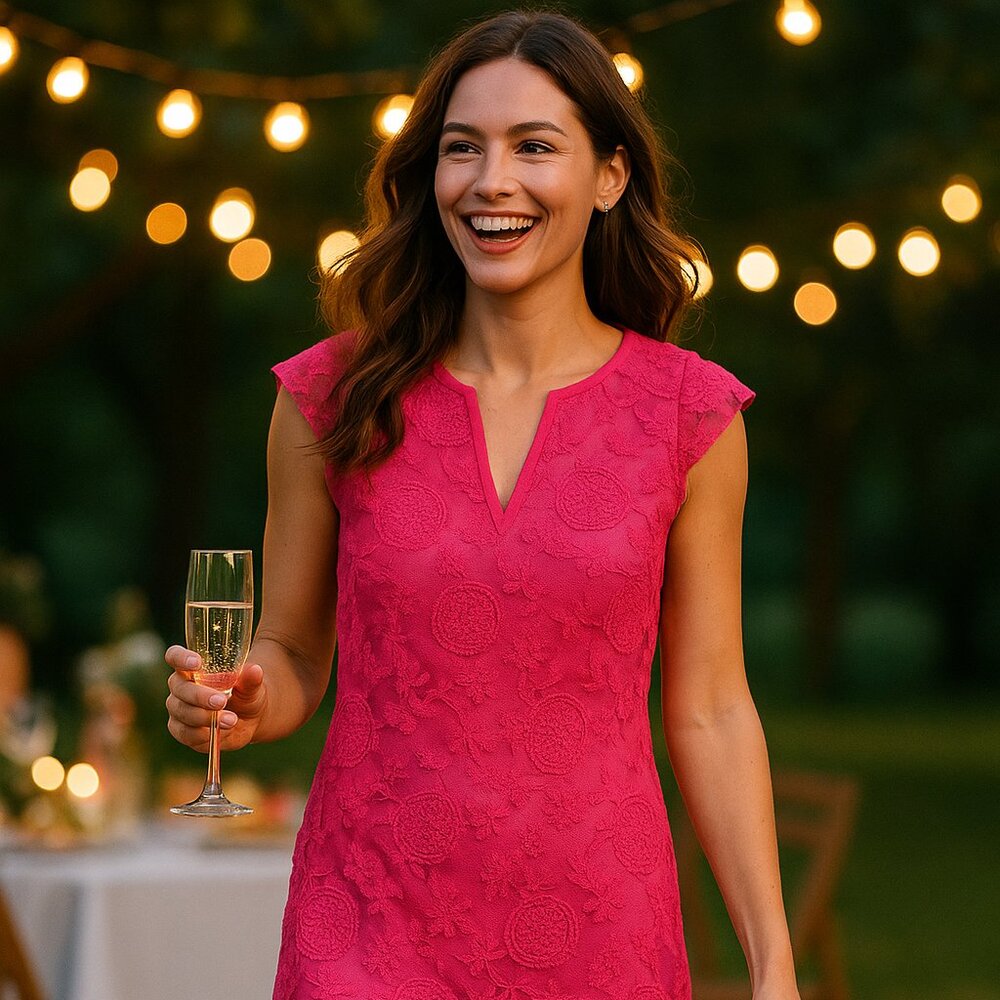 ADRIANNA PAPELL Eyelet Boho Overlay Fuchsia Dress